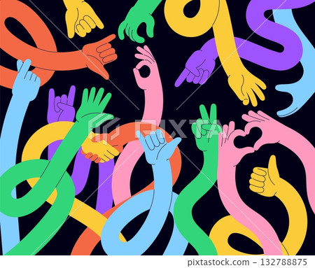 Flexible hands background. Vibrant neon hand cartoon human characters, community, people group different signs. Comic arms vector design Flexible hands background. Vibrant neon hand cartoon human characters, community, people group different signs. Comic arms vector design 132788875