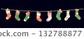 Christmas socks on rope. Fabric cotton wool sock with different gifts and sweets. Winter holidays decoration elements, candies and plants, vector design 132788877