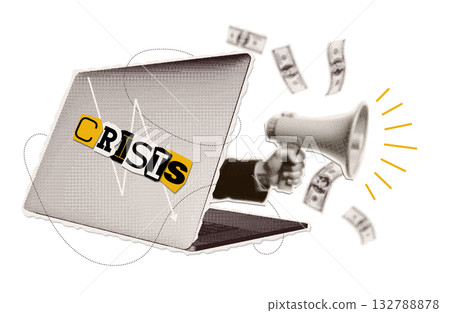 Trendy Halftone Collage Hand sticking out of a laptop screen and holding Megaphone with downward arrow symbol of financial problems, business failure and falling trading market. Inflation and crisis. Trendy Halftone Collage Hand sticking out of a laptop screen and holding Megaphone with downward arrow symbol of financial problems, business failure and falling trading market. Inflation and crisis. 132788878