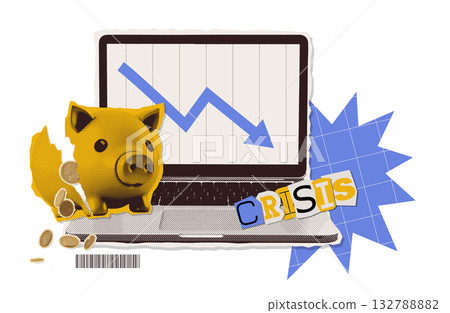 A broken piggy bank against the background of a laptop with a downward-facing graph on the screen. Concept of an economic crisis. Vector illustration in a modern halftone collage style 132788882