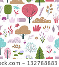 Autumn nature seamless pattern. Forest tree, plants, flowers, mushroom doodle design. Landscape elements. Decorative print vector template 132788883