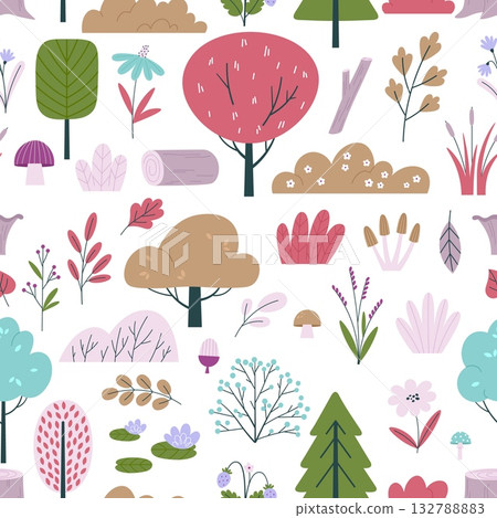 Autumn nature seamless pattern. Forest tree, plants, flowers, mushroom doodle design. Landscape elements. Decorative print vector template 132788883