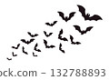 Flying black bats. Halloween sticker design with bat silhouettes. Isolated night animals crowd, scary characters. Decorative racy vector element 132788893