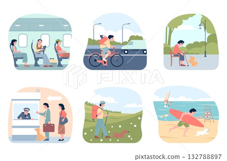 Vacations with pets. Happy owners hiking walking, rest on beach with dogs. Man travel with cat on plane or train, on railway station with puppy, recent vector scenes Vacations with pets. Happy owners hiking walking, rest on beach with dogs. Man travel with cat on plane or train, on railway station with puppy, recent vector scenes 132788897