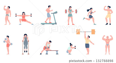 People bodybuilders. Muscular male and female characters training in gym and posing. Athletes doing exercises, fitness characters recent vector set 132788898