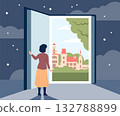 Book knowledge concept. Woman open new worlds with reading. Female character looking in giant book in fantasy story, imagination recent vector scene 132788899
