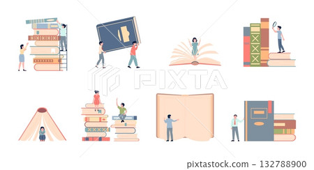 People and giant books. Book lovers characters, adults, teens with textbooks. Education, imagination training, lifestyle and hobby, recent vector scene 132788900