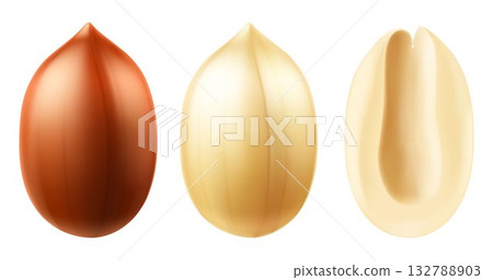 Set of whole and half peanuts, isolated on white background. For packaging with peanut butter, mix of nuts. Vegetable protein for vegetarians, healthy product. Realistic vector 3D illustration. 132788903