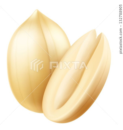 Set of whole and half peanuts, isolated on white background. For packaging with peanut butter, mix of nuts. Vegetable protein for vegetarians, healthy product. Realistic vector 3D illustration. 132788905