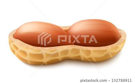 Fresh, nutritious, tasty peanut isolated on a white background. Peanuts in shell, shell cracked open, peeled, Side view. Nuts high in protein. Legumes. Realistic 3D vector illustration. Fresh, nutritious, tasty peanut isolated on a white background. Peanuts in shell, shell cracked open, peeled, Side view. Nuts high in protein. Legumes. Realistic 3D vector illustration. 132788911