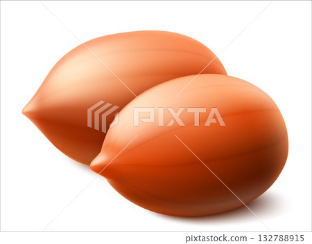 Peanuts isolated on white background. For packaging with peanut butter, a mixture of nuts. Vegetable protein for vegetarians, a healthy product. Realistic vector 3D illustration. Peanuts isolated on white background. For packaging with peanut butter, a mixture of nuts. Vegetable protein for vegetarians, a healthy product. Realistic vector 3D illustration. 132788915