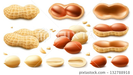 Set of whole and half peanuts, isolated on white background. For packaging with peanut butter, mix of nuts. Vegetable protein for vegetarians, healthy product. Realistic vector 3D illustration. Set of whole and half peanuts, isolated on white background. For packaging with peanut butter, mix of nuts. Vegetable protein for vegetarians, healthy product. Realistic vector 3D illustration. 132788918