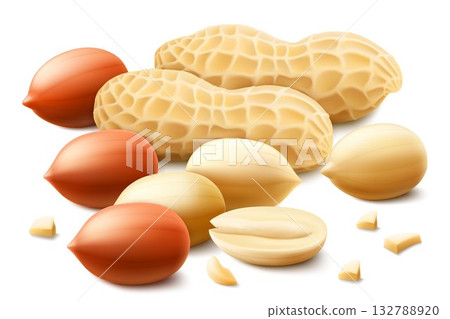 Set of shelled and unshelled peanuts, isolated on white background. For packaging with peanut butter, mix of nuts. Vegetable protein for vegetarians, healthy product. Realistic vector 3D illustration. Set of shelled and unshelled peanuts, isolated on white background. For packaging with peanut butter, mix of nuts. Vegetable protein for vegetarians, healthy product. Realistic vector 3D illustration. 132788920