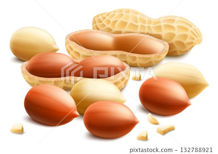 Set of shelled and unshelled peanuts, isolated on white background. For packaging with peanut butter, mix of nuts. Vegetable protein for vegetarians, healthy product. Realistic vector 3D illustration. Set of shelled and unshelled peanuts, isolated on white background. For packaging with peanut butter, mix of nuts. Vegetable protein for vegetarians, healthy product. Realistic vector 3D illustration. 132788921
