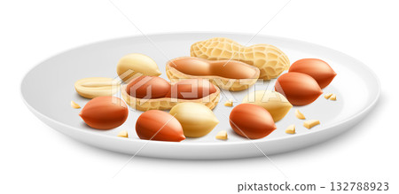 Shelled and unshelled peanuts on a white plate, isolated on white background. For packaging with peanut butter, mix of nuts. Vegetable protein for vegetarians. Realistic vector 3D illustration. 132788923