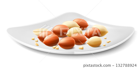 Shelled and unshelled peanuts on a white plate, isolated on white background. For packaging with peanut butter, mix of nuts. Vegetable protein for vegetarians. Realistic vector 3D illustration. 132788924