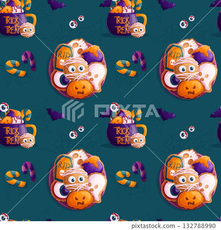 Seamless Halloween pattern. Cookies on a plate, a hot drink in a mug on a green background. "Trick or treat." Vector illustration for postcards, posters, banners, websites, printing design 132788990
