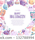 Cute background for Halloween invitation or greeting card. Ghost, cat, pumpkin, bat, spider, fly agaric, potion, owl, witch's cauldron for posters, flyers, postcards and banners. Vector illustration 132788994