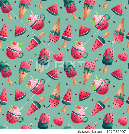 Seamless pattern with watermelon ice cream, dessert in a cup, slice of watermelon. The concept of a summer, cafe, restaurant. Vector illustration of the design of postcards, clothing, textiles, banner Seamless pattern with watermelon ice cream, dessert in a cup, slice of watermelon. The concept of a summer, cafe, restaurant. Vector illustration of the design of postcards, clothing, textiles, banner 132789007