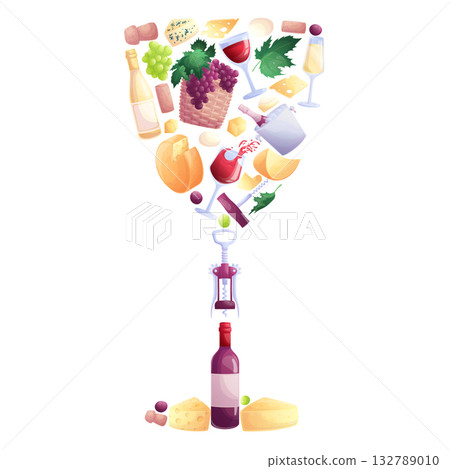 A set of elements for vineyards and wine in the shape of a glass. Sparkling champagne, bottles, glasses, cheese, grapes, stopper, corkscrew, basket. Isolated vector illustration for poster, banner A set of elements for vineyards and wine in the shape of a glass. Sparkling champagne, bottles, glasses, cheese, grapes, stopper, corkscrew, basket. Isolated vector illustration for poster, banner 132789010