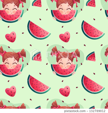 Seamless pattern with cute girl biting watermelon. The concept of summer, childhood. Vector illustration of the design of postcards, clothing, textiles, banners Seamless pattern with cute girl biting watermelon. The concept of summer, childhood. Vector illustration of the design of postcards, clothing, textiles, banners 132789012