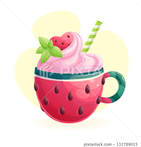 Delicious dessert in a watermelon cup on a yellow background. The concept of confectionery, baking, cooking. Isolated vector illustration for menu design, posters, banners, covers Delicious dessert in a watermelon cup on a yellow background. The concept of confectionery, baking, cooking. Isolated vector illustration for menu design, posters, banners, covers 132789015