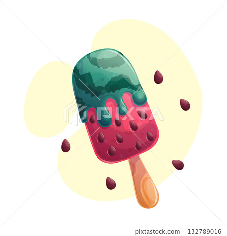 Delicious watermelon ice cream on a stick on a yellow background, watermelon popsicle. The concept of confectionery, baking, cooking. Isolated vector illustration for menu design, posters, banners Delicious watermelon ice cream on a stick on a yellow background, watermelon popsicle. The concept of confectionery, baking, cooking. Isolated vector illustration for menu design, posters, banners 132789016
