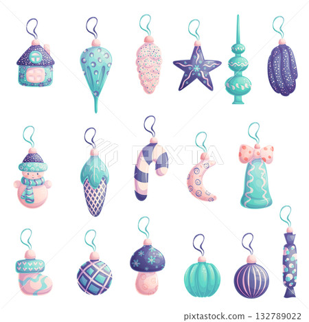A set of painted Christmas tree toys on a white background. Festive glass balls. The concept of Christmas, New Year. Isolated vector illustration for the design of poster, banner, website 132789022