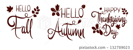 A set of hand lettering "Happy Thanksgiving Day", "Hello autumn", "Hello fall". Text for a postcard, menu, cover, poster, banner. Autumn, harvest, holiday, autumn concept. Vector illustration. A set of hand lettering "Happy Thanksgiving Day", "Hello autumn", "Hello fall". Text for a postcard, menu, cover, poster, banner. Autumn, harvest, holiday, autumn concept. Vector illustration. 132789023
