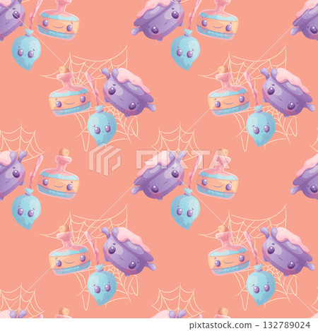 Seamless Halloween pattern. A cute witch's bottle, cauldron with a magic potion, a broom on a pink background. Cartoon children's vector illustration for postcard, poster, banner, website, printing 132789024