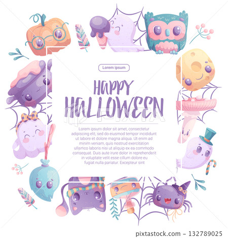 Cute background for Halloween invitation or greeting card. Ghost, cat, pumpkin, bat, spider, fly agaric, potion, owl, witch's cauldron for posters, flyers, postcards and banners. Vector illustration 132789025
