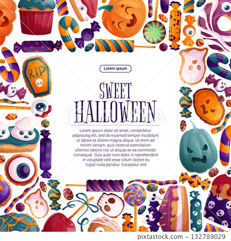 Colorful background with Halloween elements. A square frame with sweets, candies and pastries for posters, flyers, postcards and invitations to Halloween parties. Vector illustration Colorful background with Halloween elements. A square frame with sweets, candies and pastries for posters, flyers, postcards and invitations to Halloween parties. Vector illustration 132789029