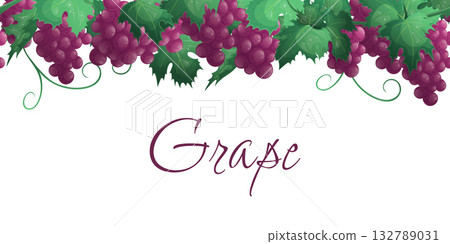 Seamless border with branches and bunches of red grapes, leaves, berries. The concept of the wine festival, tasting. Vector illustration for banners, flyers, web 132789031