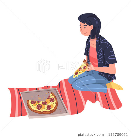 Woman Character Eating Food at Home Sitting on the Floor with Slice of Pizza Vector Illustration Woman Character Eating Food at Home Sitting on the Floor with Slice of Pizza Vector Illustration 132789051