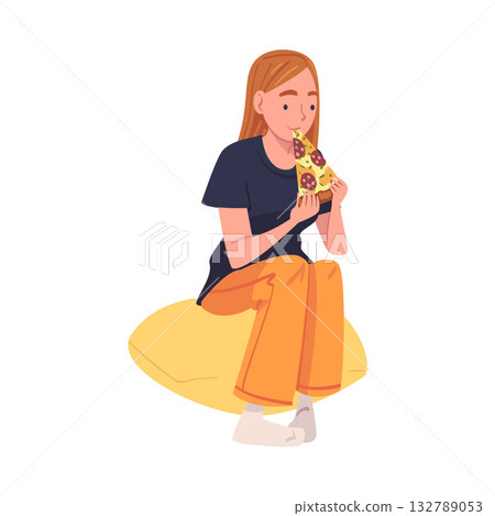 Woman Character Eating Food at Home Sitting on Pillow with Slice of Pizza Vector Illustration Woman Character Eating Food at Home Sitting on Pillow with Slice of Pizza Vector Illustration 132789053