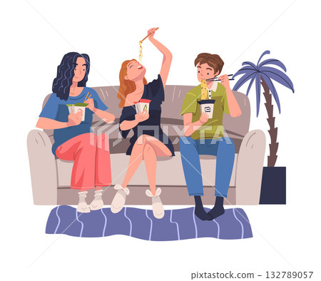 Group of Friend Character Eating Food at Home Sitting on the Sofa with Noodles Vector Illustration 132789057