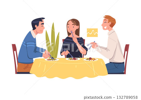 Group of Friend Character Eating Food at Home Sitting at Table Vector Illustration 132789058