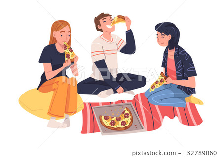 Group of Friend Character Eating Food at Home Sitting on the Floor with Pizza Vector Illustration 132789060