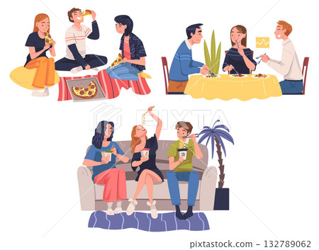 Group of Friend Character Eating Food at Home Sitting on the Floor with Pizza and Tortilla Vector Set 132789062
