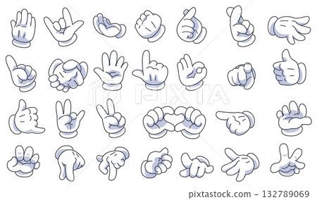 Retro mascot hands. White gloves hand vintage cartoon toon character, arm finger gestures position old animation comic glove thumb fingers 30s mascots, classy vector illustration original artwork 132789069