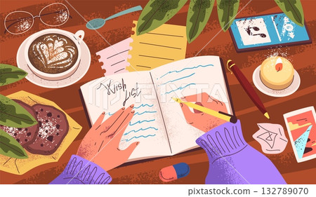 Woman write top view. Female hands writing to do wish list in diary or christmas letter to santa, girl study workplace desk pen paper notebook notepad, classy vector illustration original artwork 132789070