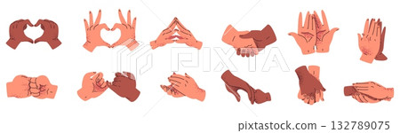 Hands holding together. Two interracial hand, couple love heart gesture child parent handshake palms fist touch applause clap support community team care classy vector illustration original artwork 132789075