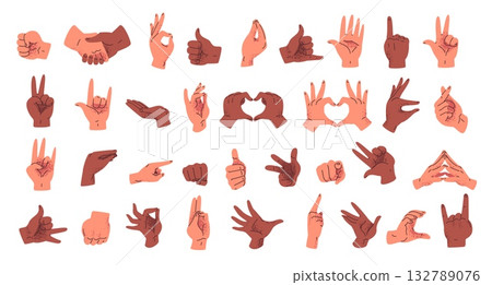 Cartoon hand gestures. Hands finger gesture, arm poses handshake thumb up palm hold position ok italian pose shaka sign human communication symbol shake, classy vector illustration original artwork 132789076