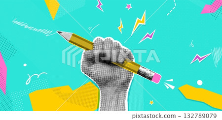 Hand pencil collage. Fist hold pen, back school concept college 90s education university online study creative learning banner retro paper pop art design exact vector illustration original artwork Hand pencil collage. Fist hold pen, back school concept college 90s education university online study creative learning banner retro paper pop art design exact vector illustration original artwork 132789079