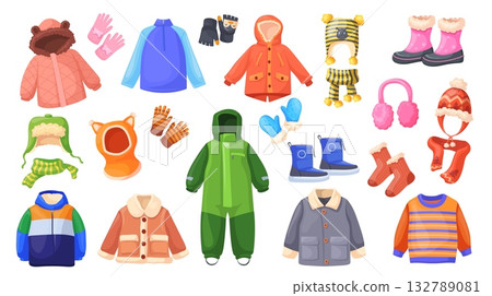 Children winter clothes. Baby kids warm apparel, cold autumn season fashion child outfit coat jacket hat cap sweater scarf vest stocking cardigan mitten, neat vector illustration original artwork 132789081
