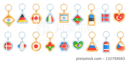 Travel keychains. Keyrings with world flags logo labels, tourist promotion tour advertising key chain india canada brazil country tags global marketing, neat vector illustration original artwork 132789083