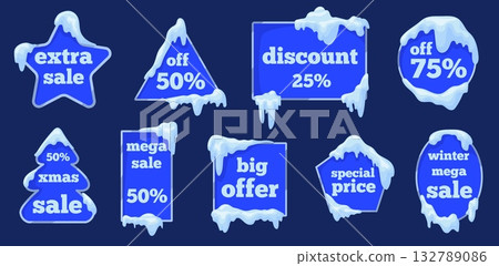 Snow cap banners. Ice winter badges, christmas sale discount tag promotion stickers offer discount price frozen snowy header frame text place circle shape, neat vector illustration original artwork 132789086