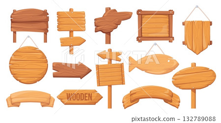 Cartoon wooden signboards. Wood signs set, game ui plank signboard farm signage old billboard wild west post western boards arrow signpost panel banners, neat vector illustration original artwork Cartoon wooden signboards. Wood signs set, game ui plank signboard farm signage old billboard wild west post western boards arrow signpost panel banners, neat vector illustration original artwork 132789088