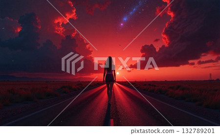 A woman in light shorts and a T-shirt walks along a deserted asphalt road 132789201