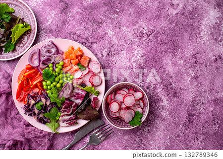 Ketogenic bowl with vegetables and salmon 132789346